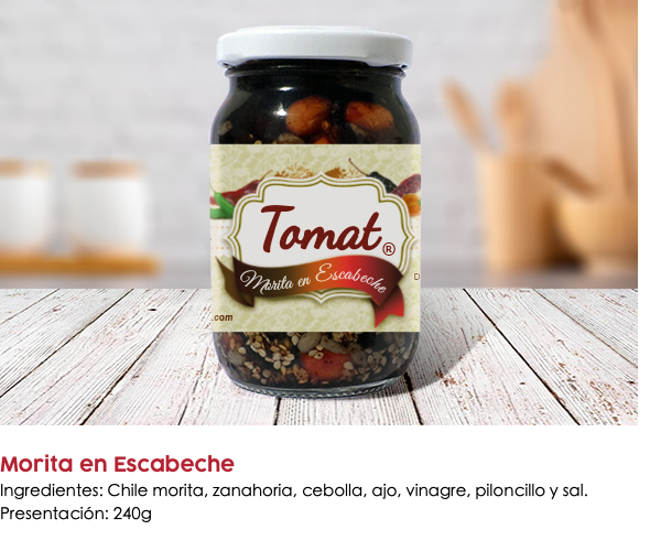 ﷯ Morita en Escabeche Ingredientes: Chile morita, zanahoria, cebolla, ajo, vinagre, piloncillo y sal. Presentación: 240g